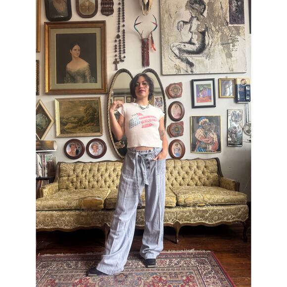 Slouch Gray Linen Wide Leg Casual Pants w Drawstring Ladies Size S/M - Picture 7 of 8